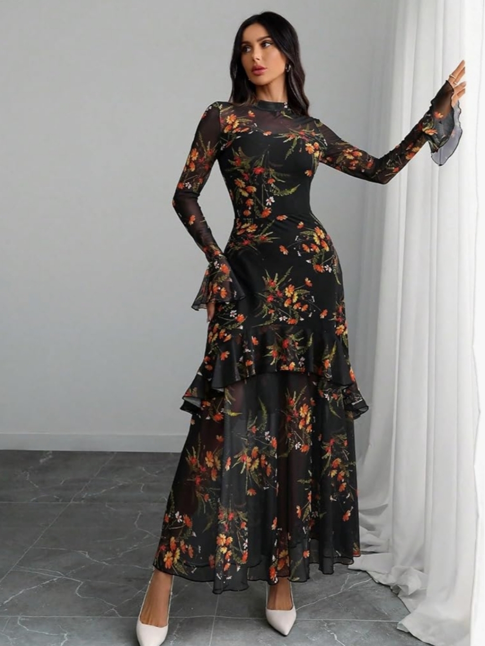Floral Romantic Ruffle Long Dress With Bell Sleeves